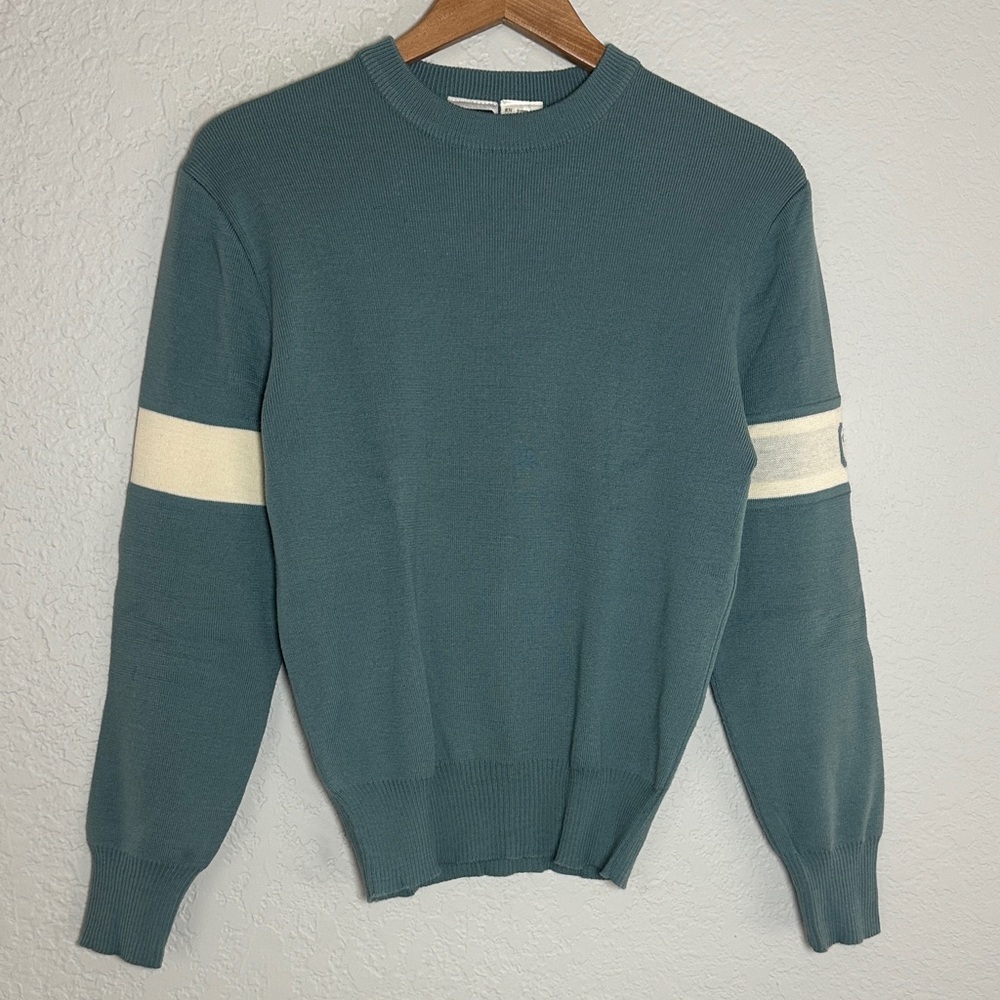 Vintage Obermeyer 100% Wool Crewneck Sweater Teal Green Cream Logo Ski Medium
